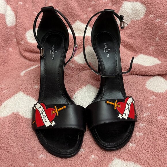 Louis Vuitton ankle-strap heels Tattoo Heart Sandals 38.5 USA size 8 Red black - Picture 1 of 10